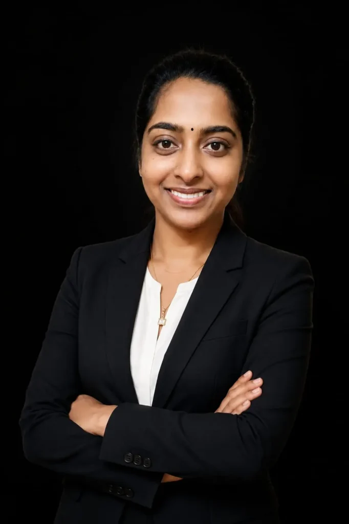 a girl standing in a executive look